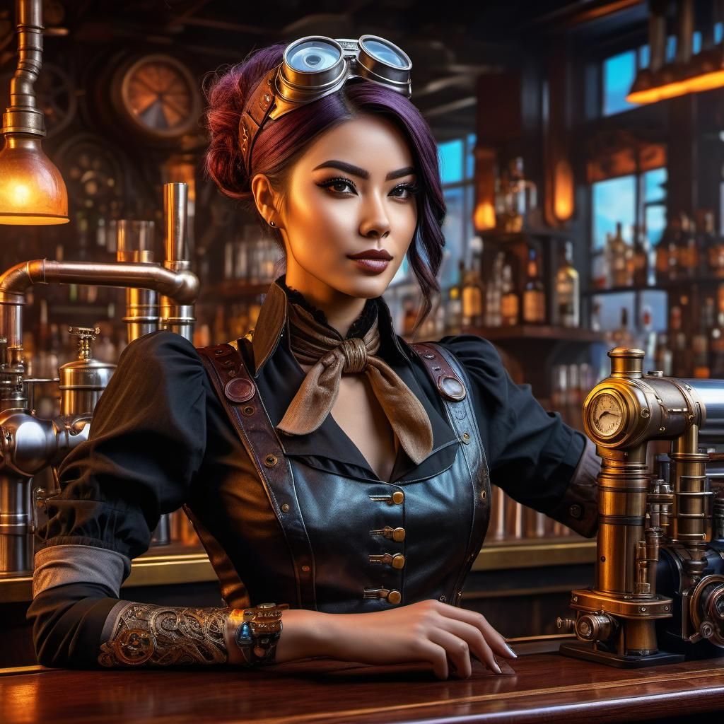 Steampunk Bartender in Hyperrealistic Style