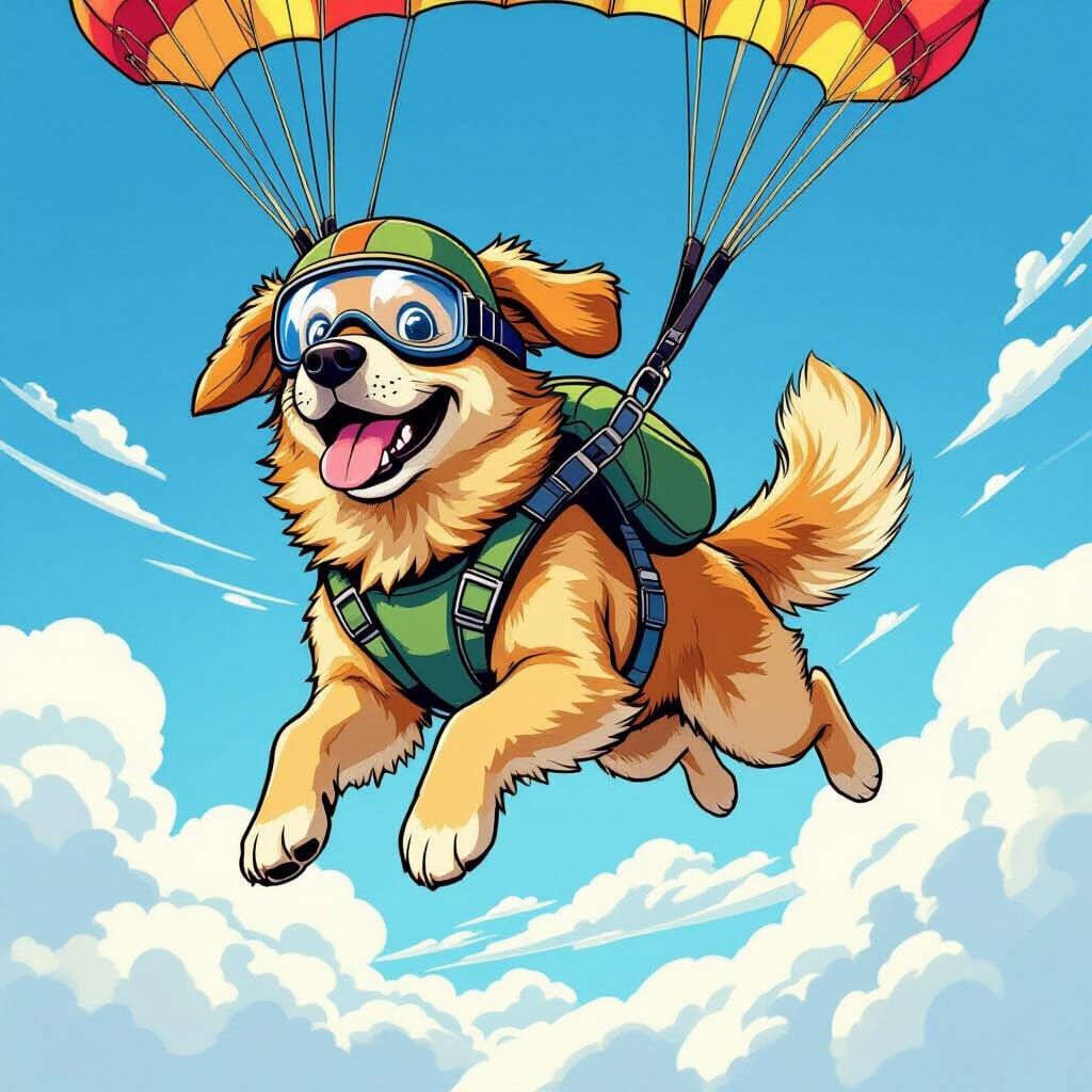 Joyful Golden Retriever Skydiving in Comic Style