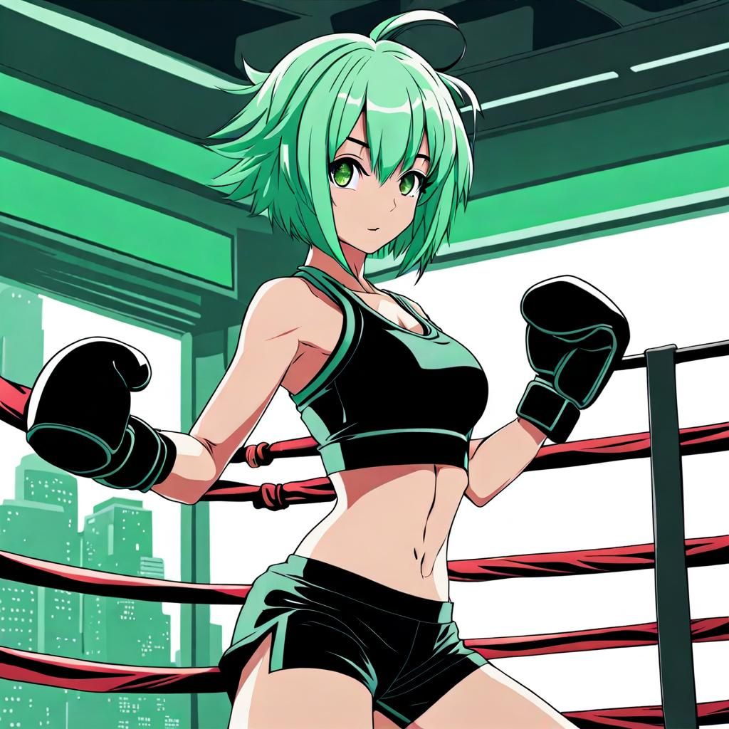 Anime Girl with Mint Hair Kickboxing
