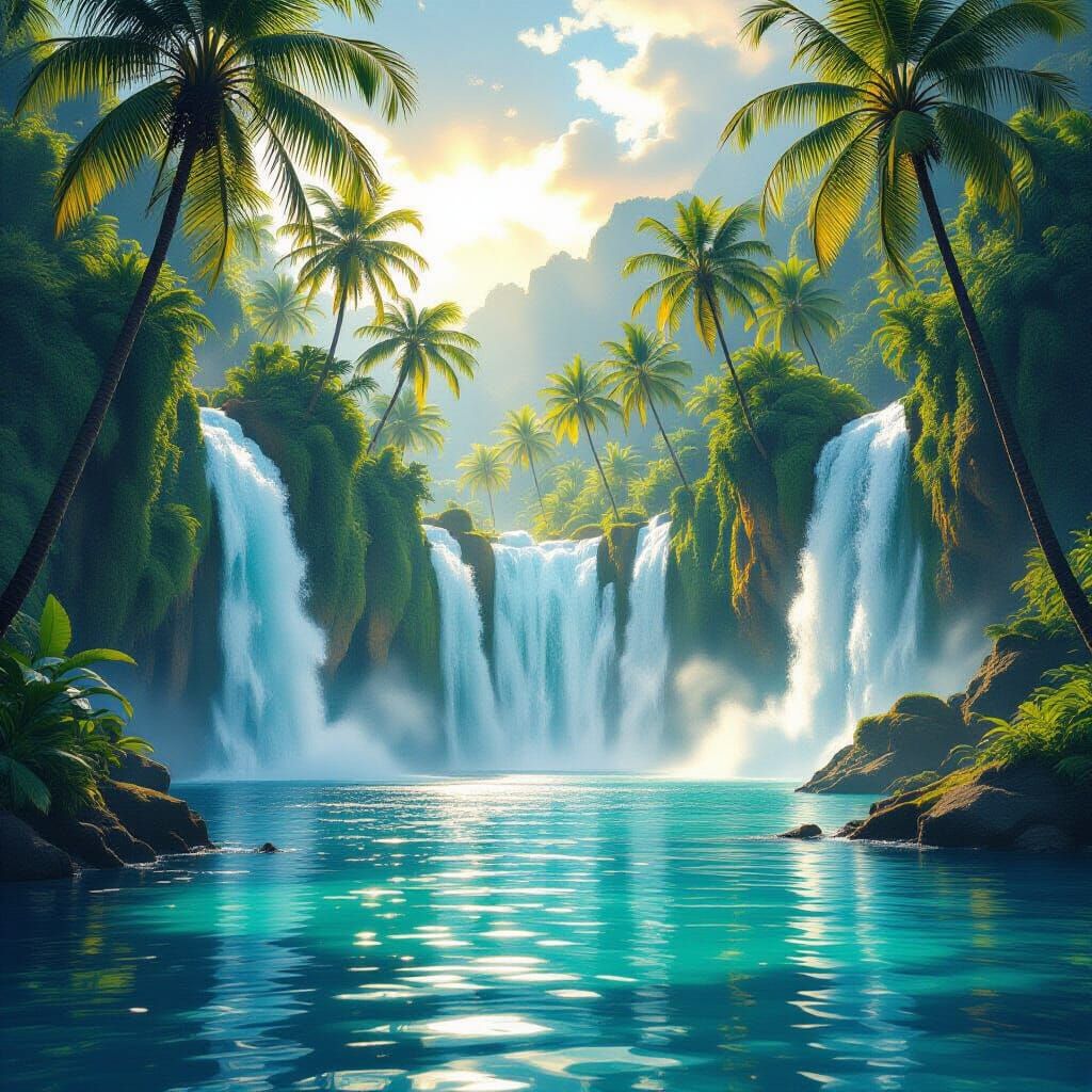 Luminous Waterfalls in Lush Fantasy Landscape