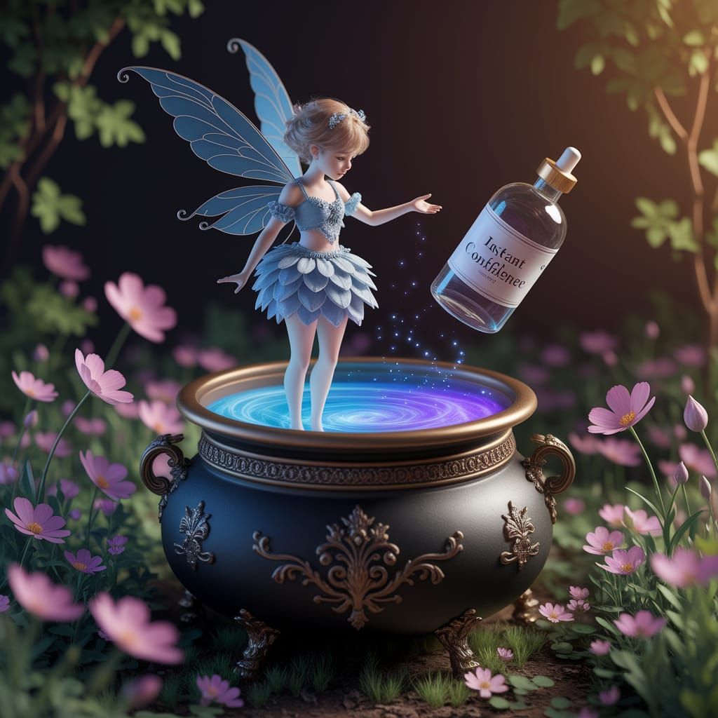 Whimsical Fairy on Cauldron Rim, Fantasy Digital Art