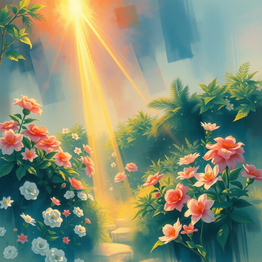 Serene Garden in Radiant Light, Sumi-e & Synthwave Style