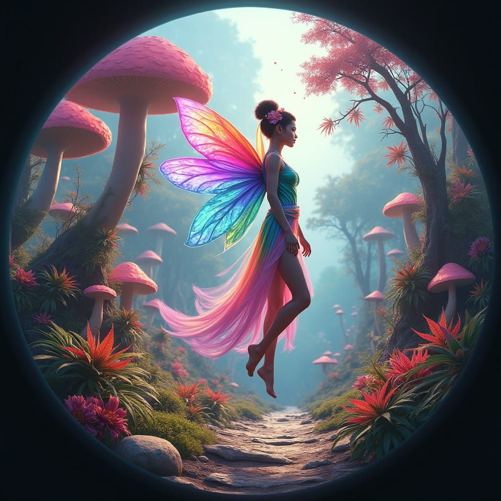 Vibrant Fairy in Rainbow-Hued Fantasy Landscape