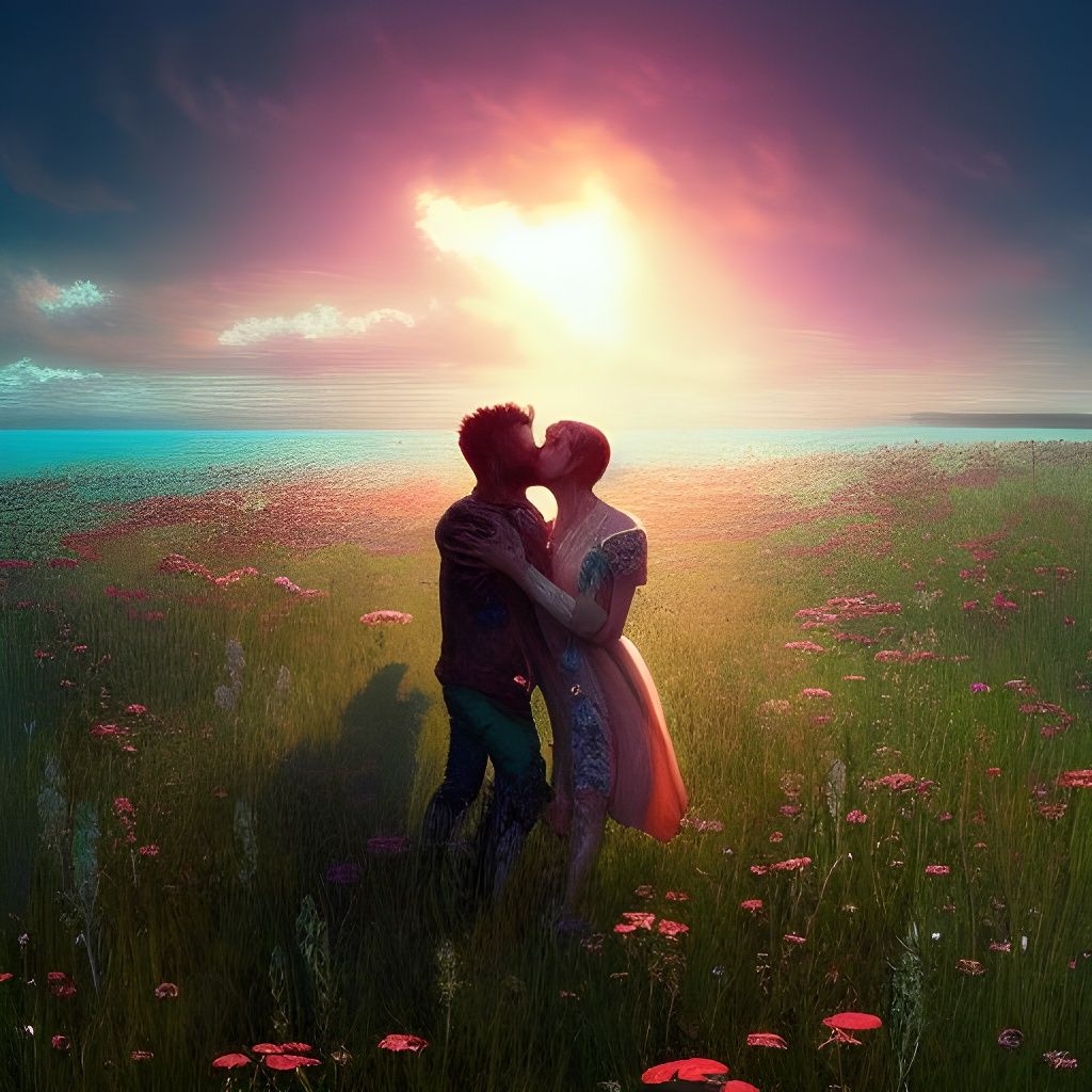 Lovers Kiss in Wildflower Meadow, Fantasy Art