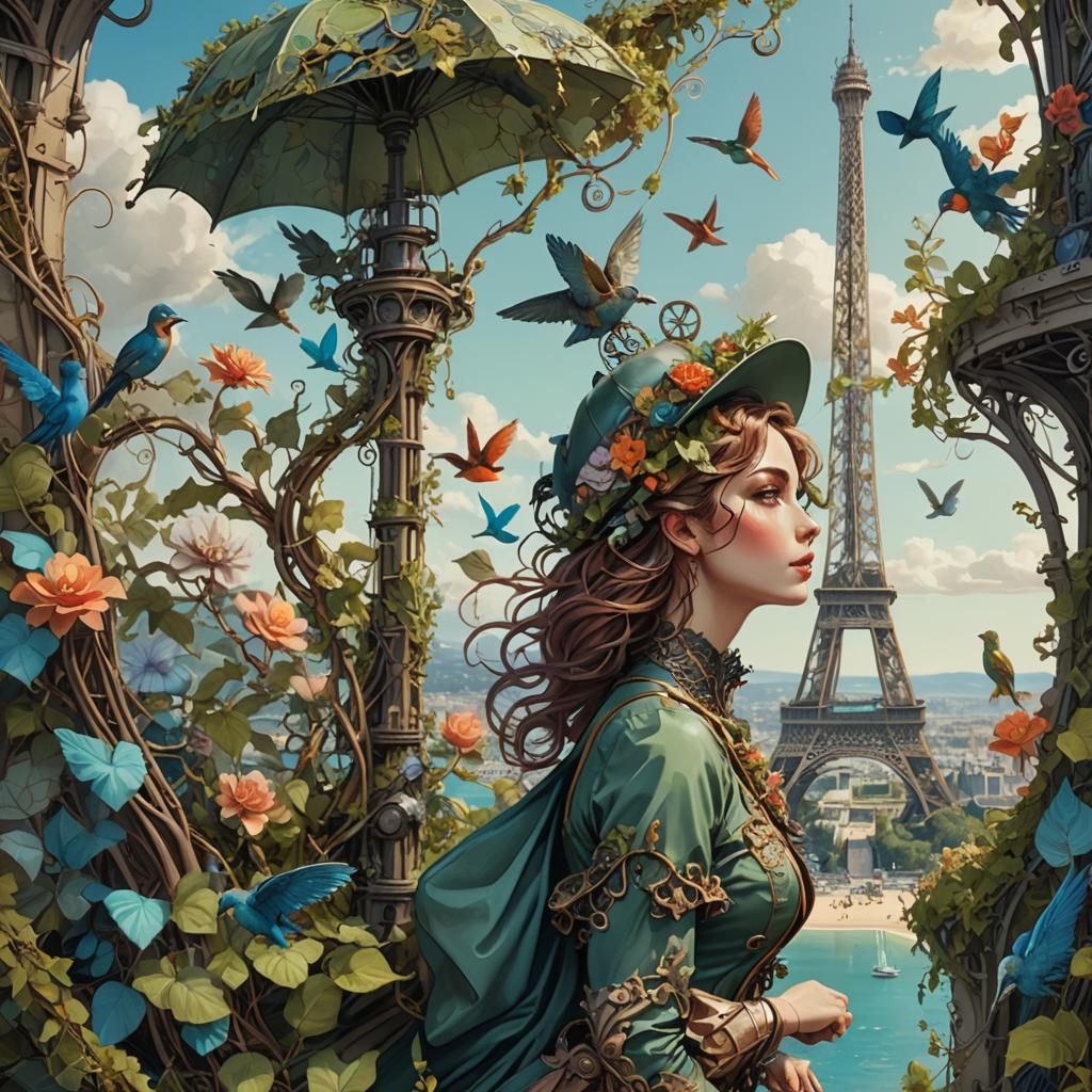 Mechanical Woman Gazing at Overgrown Eiffel Tower