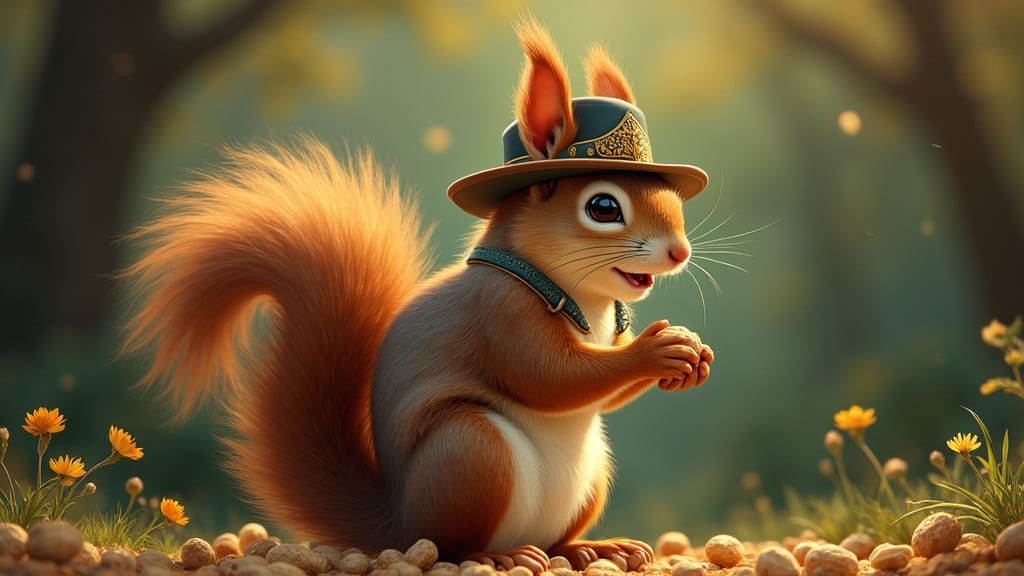 Squirrel in Art Deco Attire Eating Peanuts