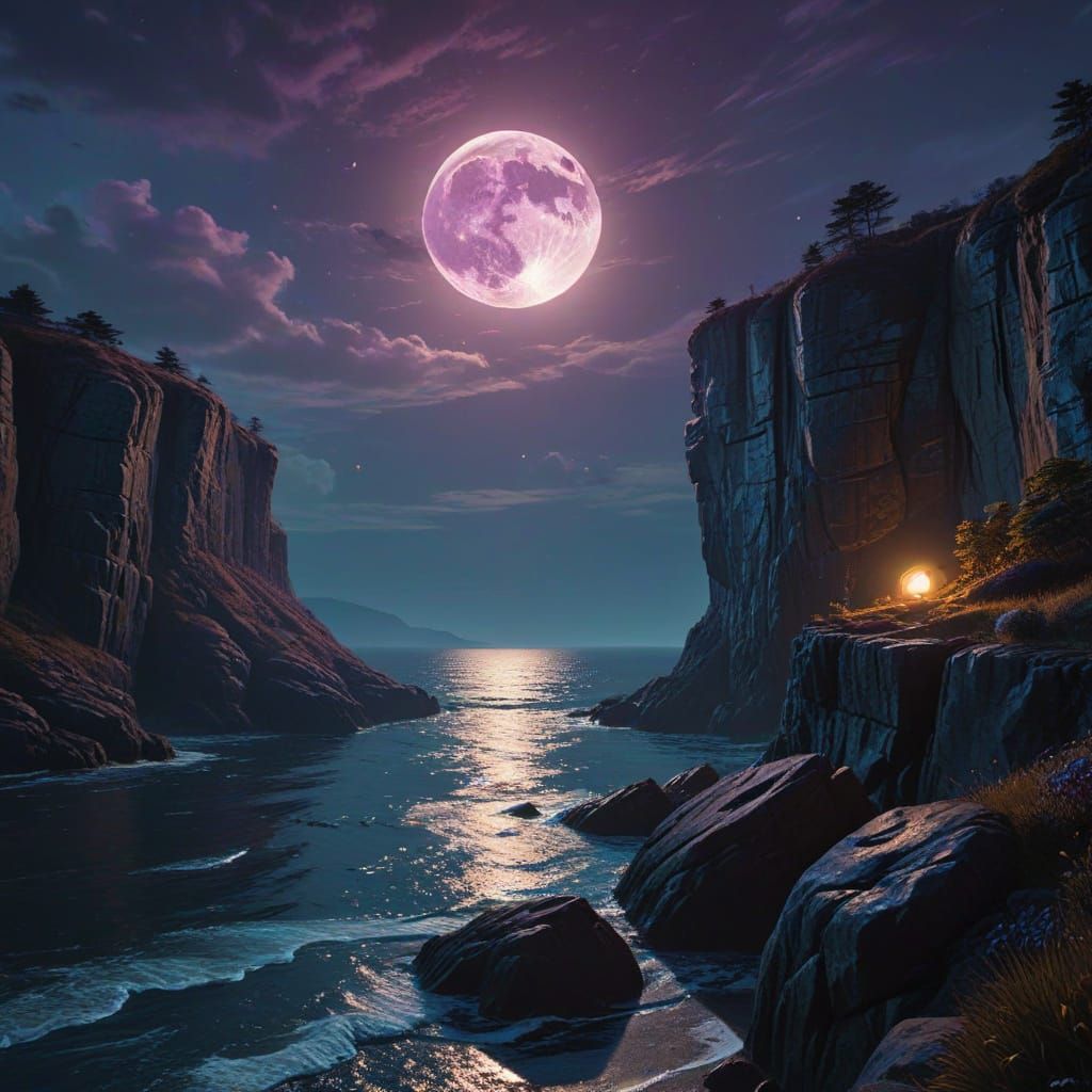 Beaver Moon Reflection on Sea Cliff, Golden Hour Glow