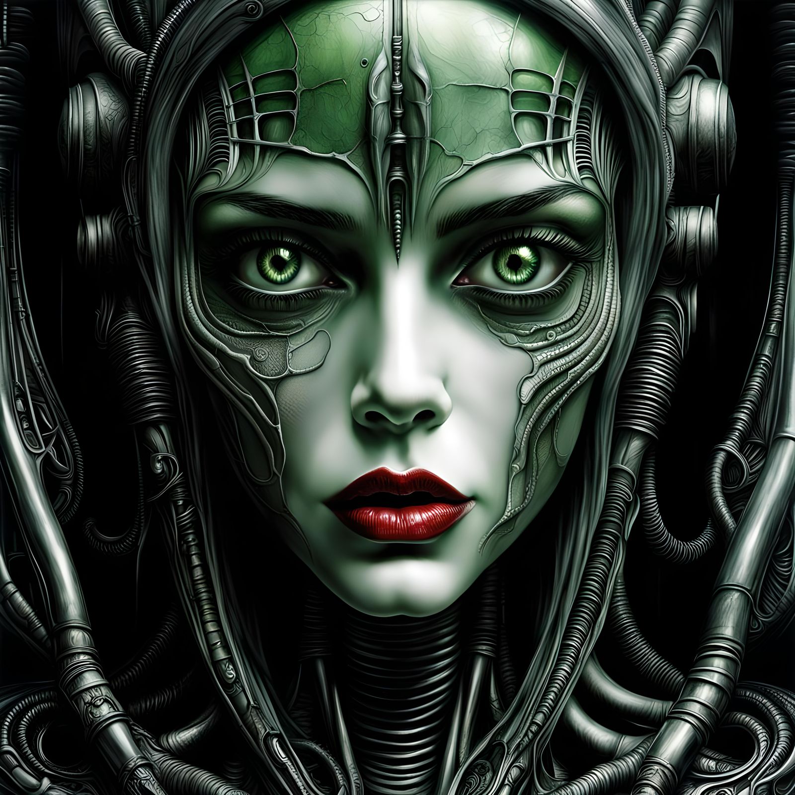 Surreal Portrait with Green Eyes in Giger Style