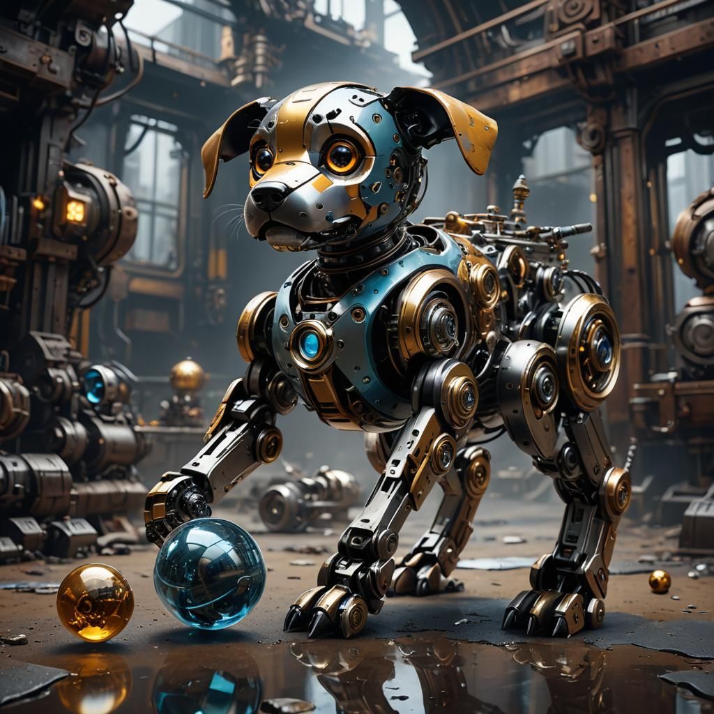 Mechanical Puppy Plays Fetch: Detailed Matte Painting