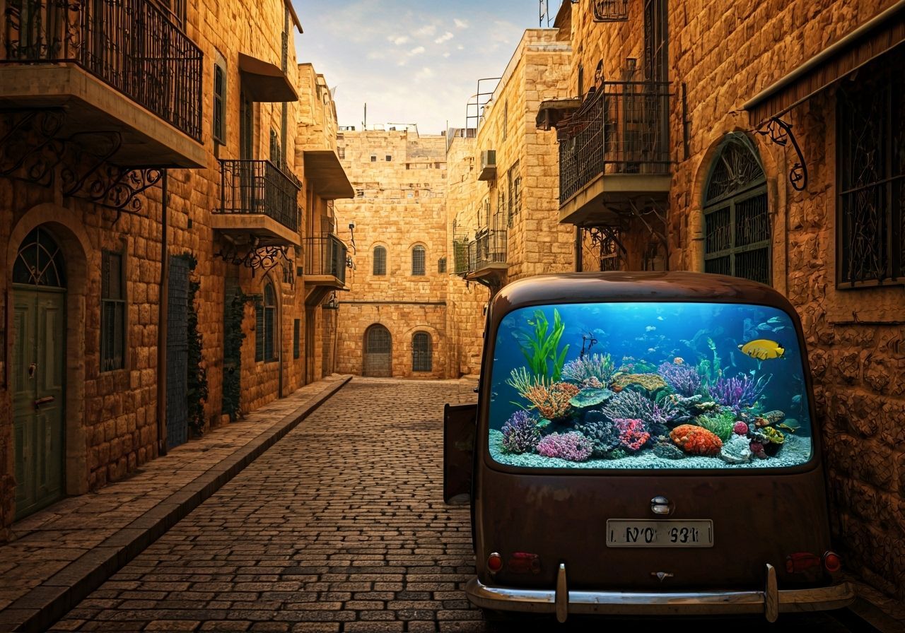 Jerusalem Neighborhood with Surreal Aquarium Car