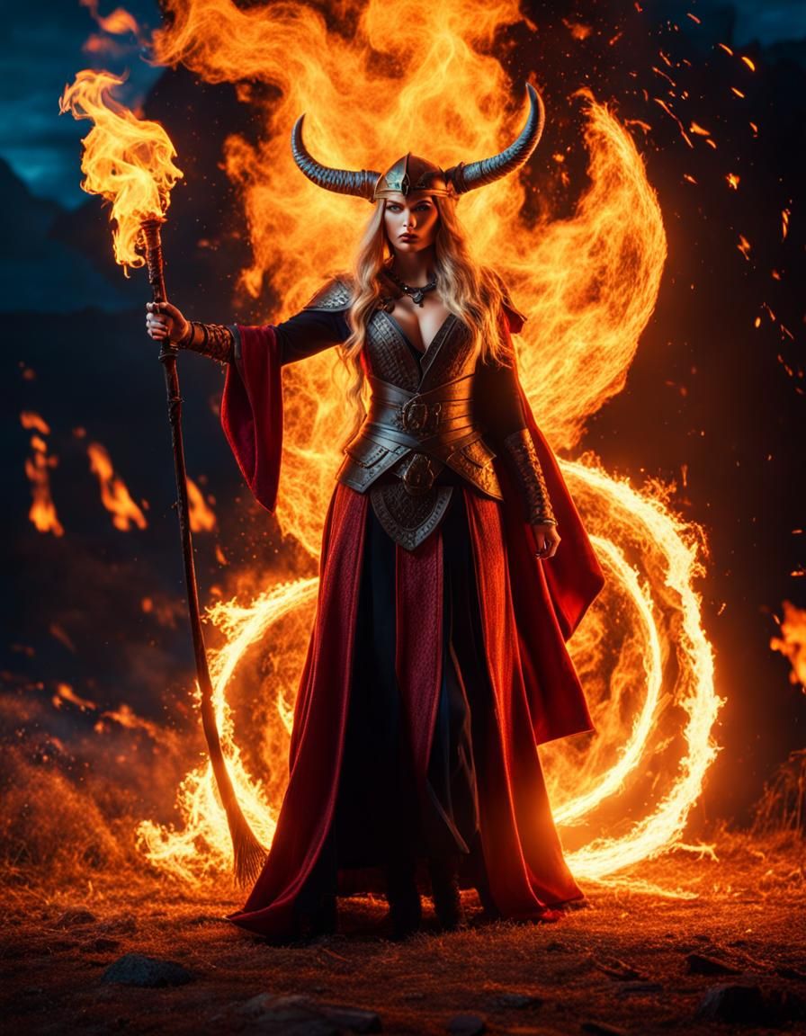 Flaming Viking Sorceress Wielding Fire