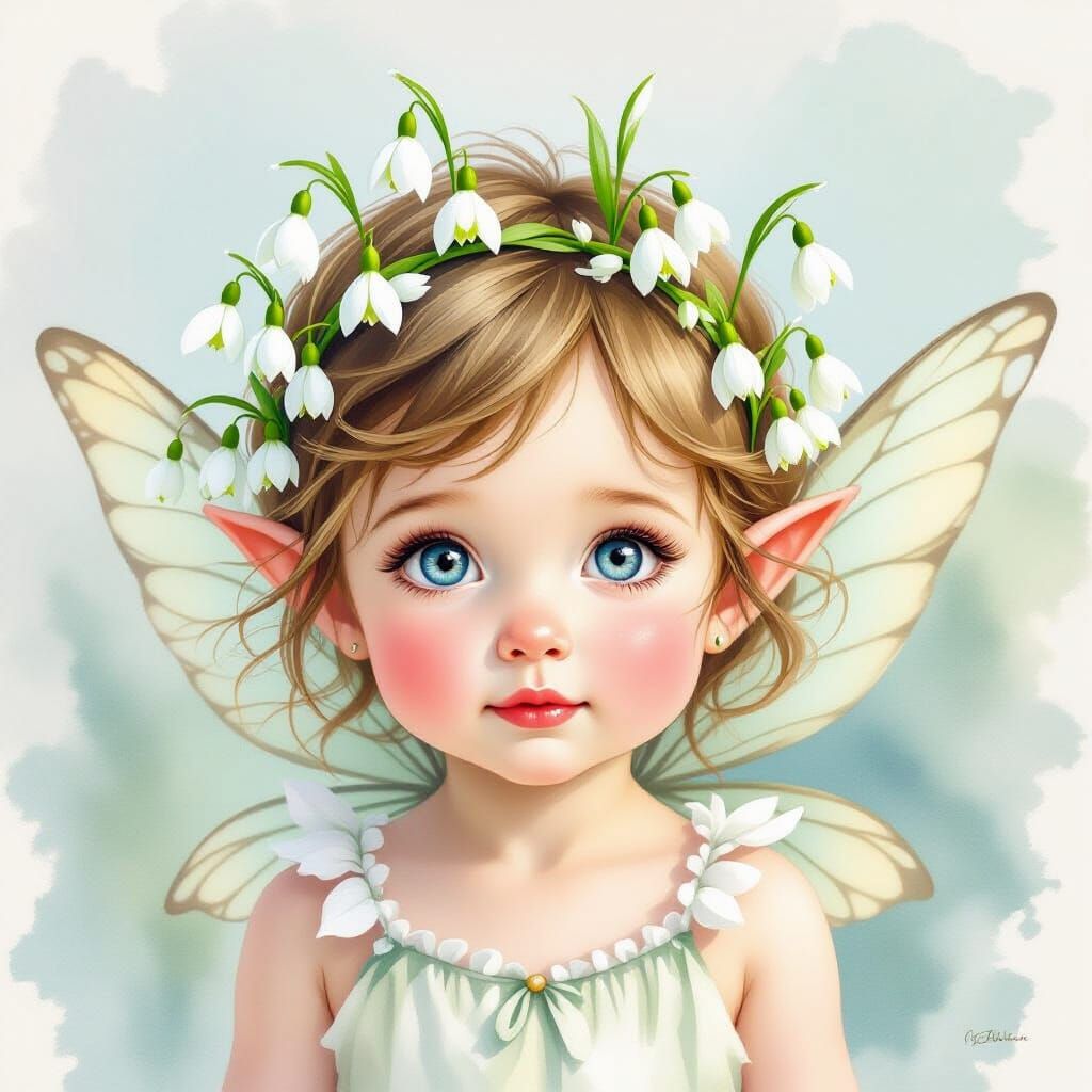 Whimsical Baby Fairy Portrait with Snowdrops in Watercolor S...