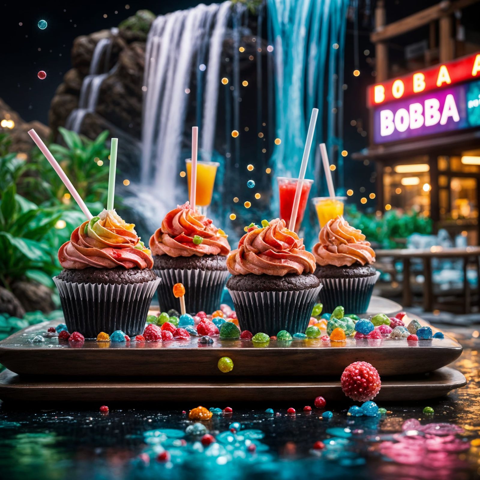 Hyperrealistic Restaurant with Boba Waterfalls at Night