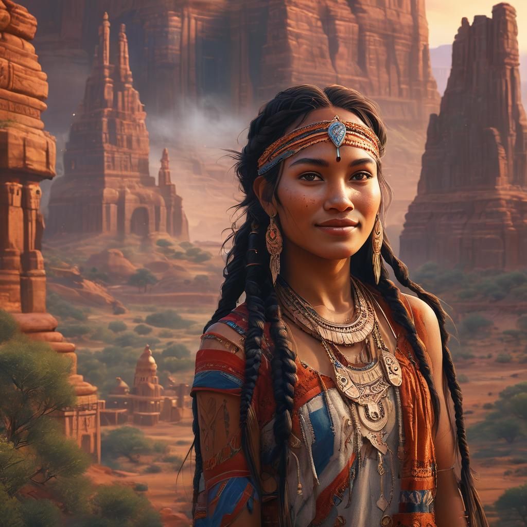 Jolie jeune femme indienne apache, souriante, avec des tresses. Un arrière plan de monument valley