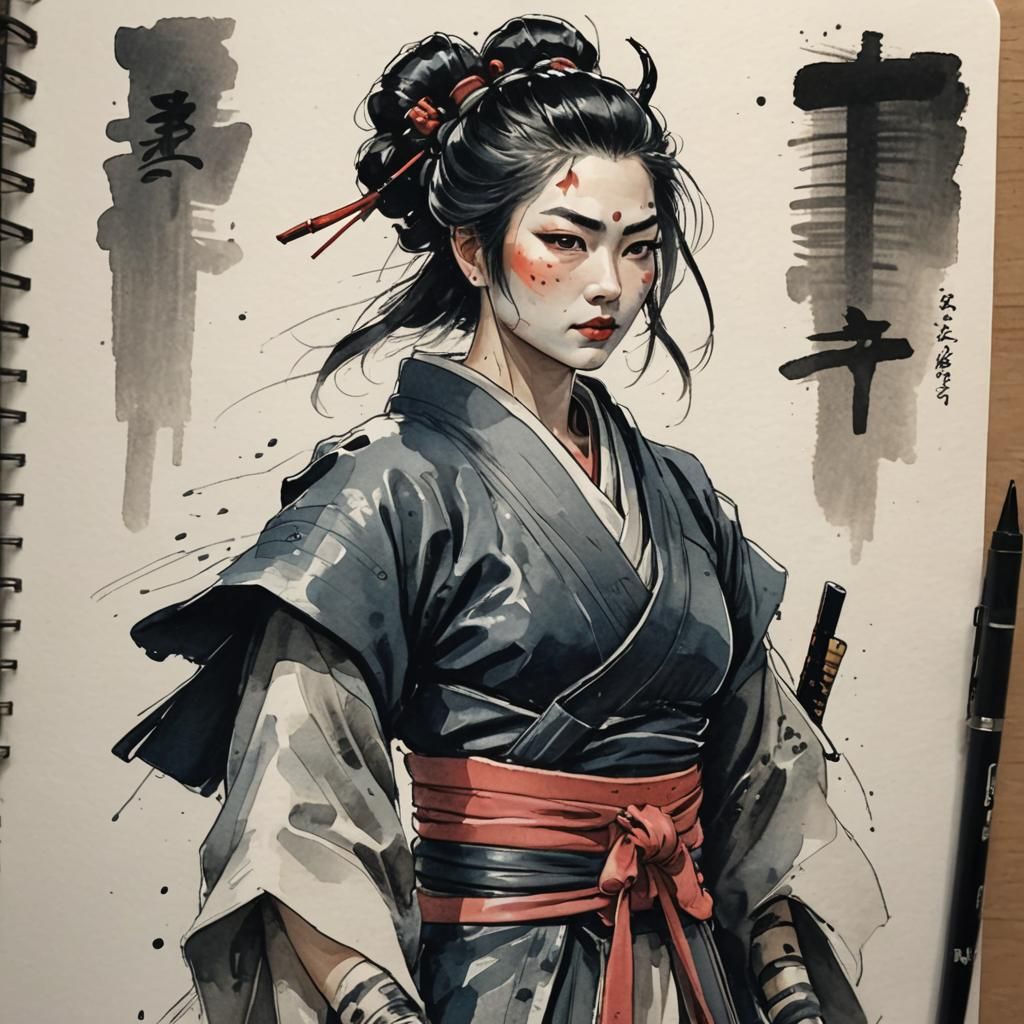 Gritty Sketchbook Study of an Onna Bugeisha