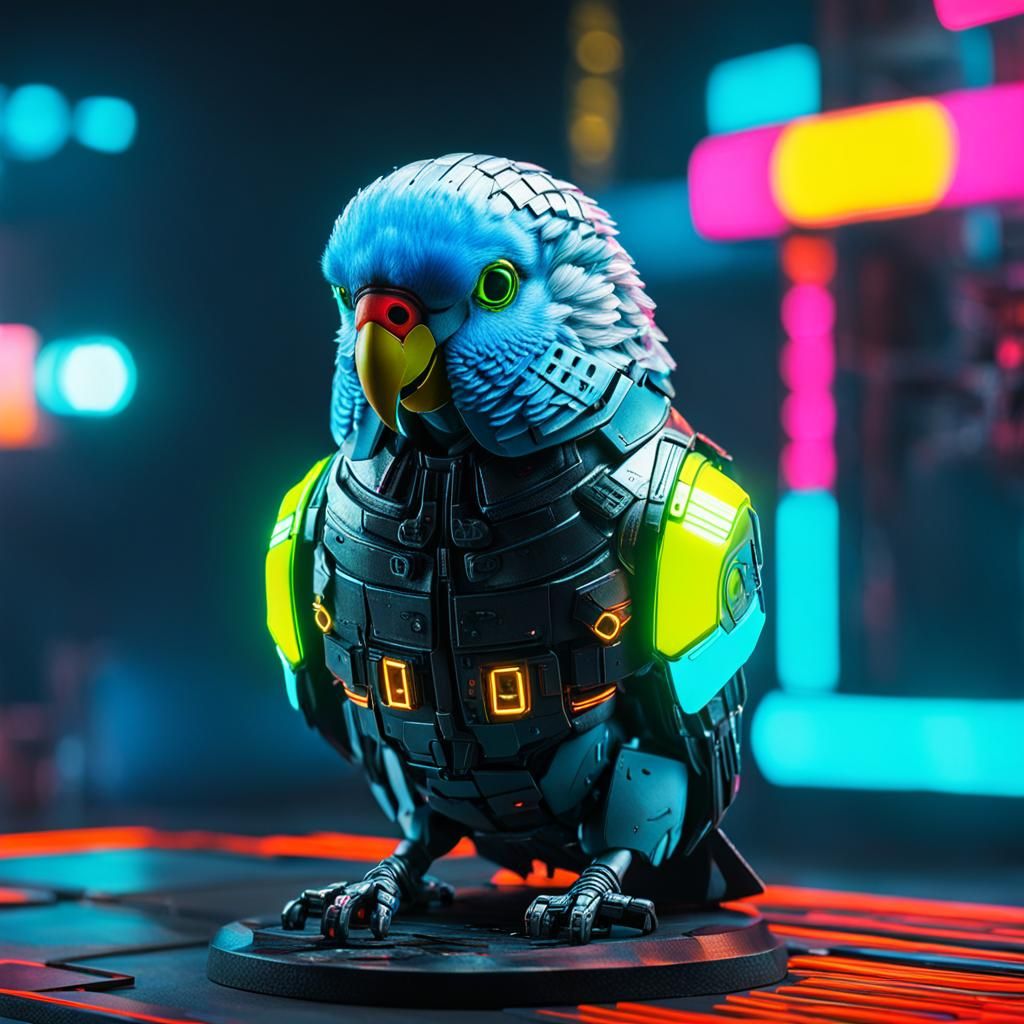Cyberpunk Cyborg Budgie in Neon Cityscape