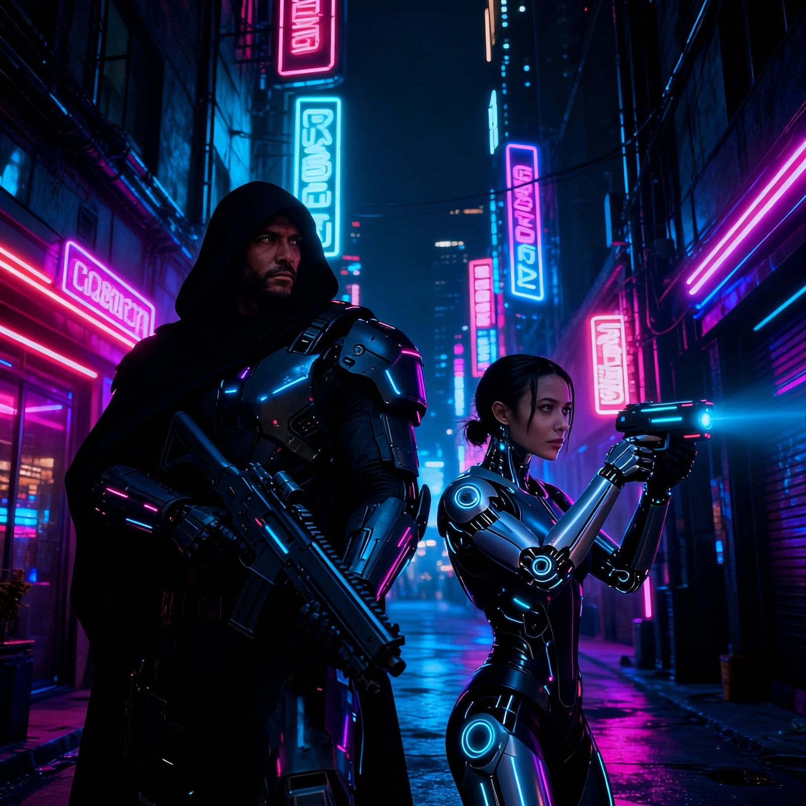 Cyberpunk Warrior Hunting in Neon City