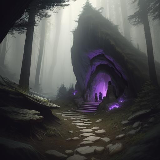 Dark Fantasy Cave Entrance in Forest, Detailed Concept Art