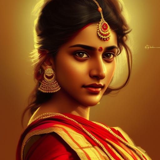 Indian Woman in Red Sari: Hyperdetailed Portrait