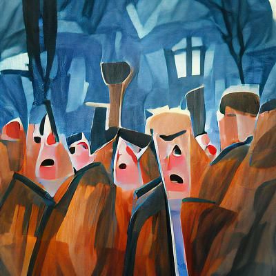 Angry Mob Marches to Town Square in Gouache