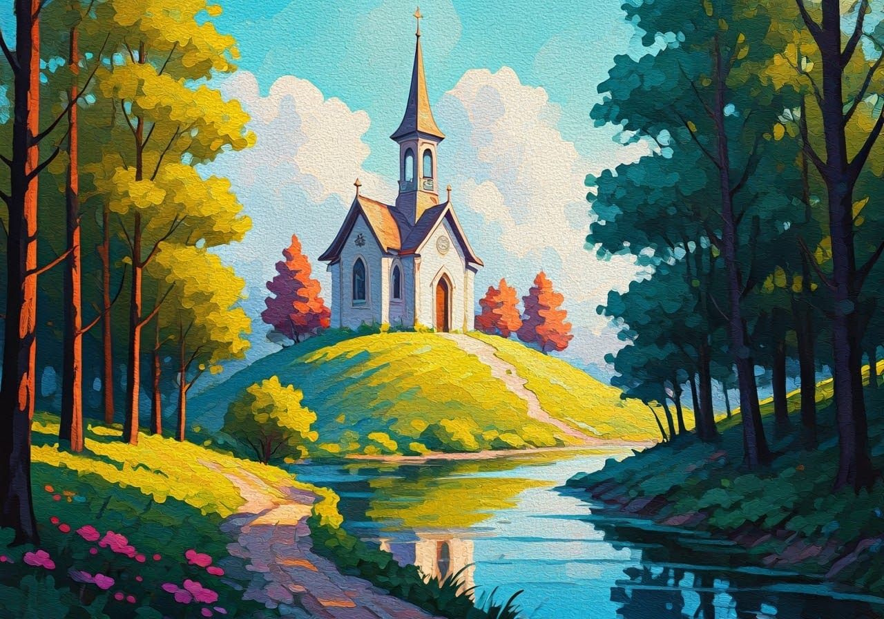 Whimsical Chapel with Spire in Gouache Impressionism