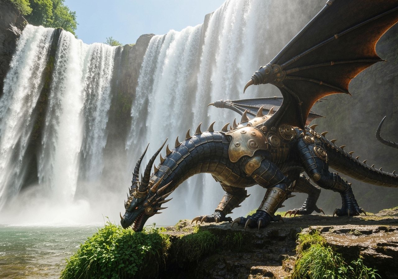 Steampunk Dragon Grazing by Waterfall