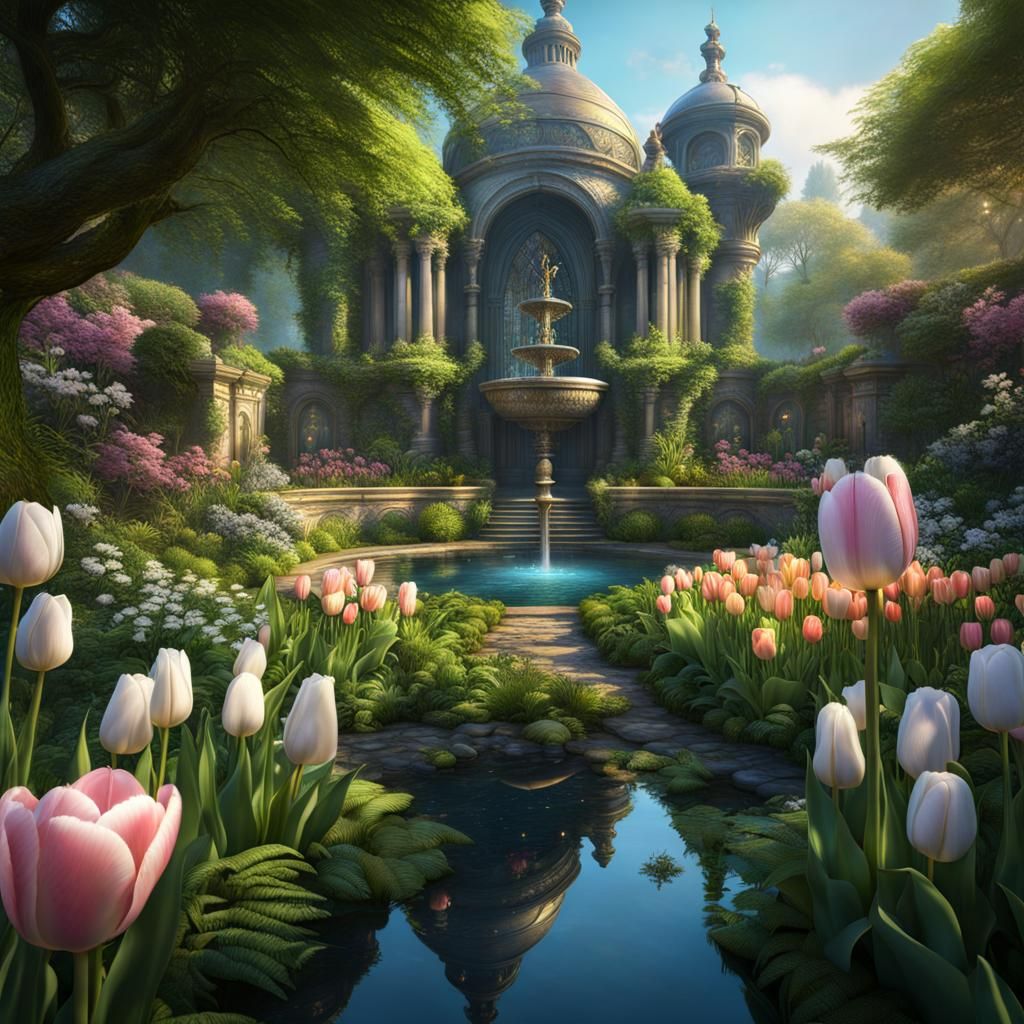 Pastel Tulips Garden with Crystal Fountain