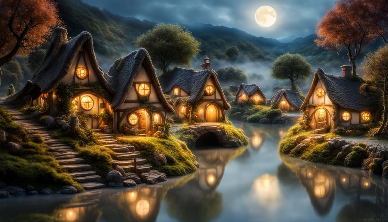 Moonlit Haunted Hobbit Village in Fantasy Landscape