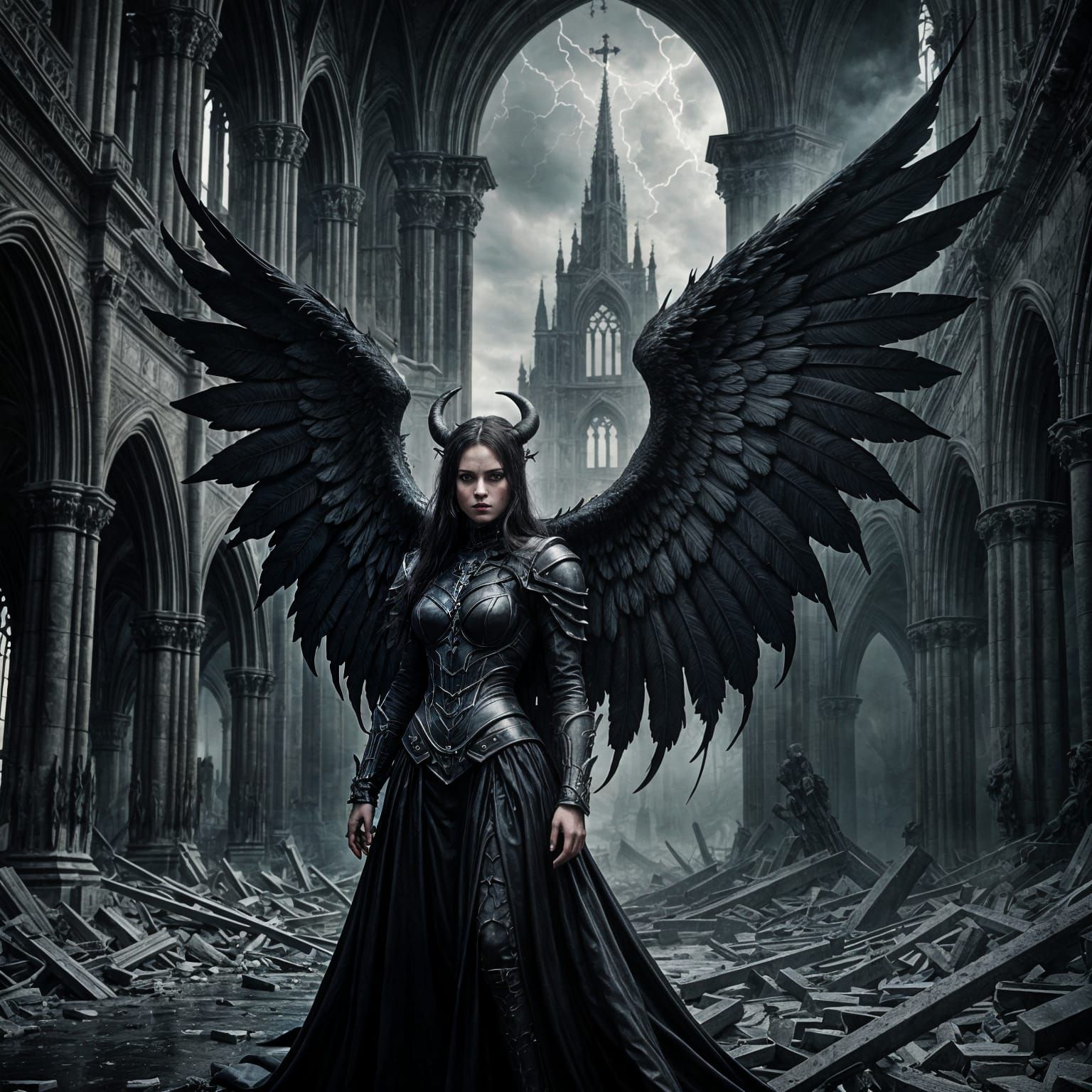 Gothic Angel in Ruined Cathedral Against Stormy Sky