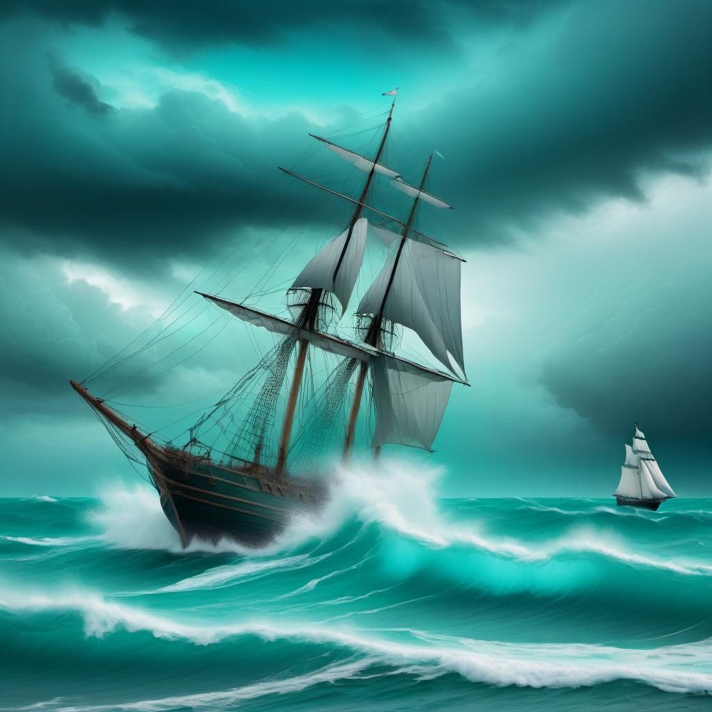 Sailing Ship Amidst Turquoise Stormy Sea