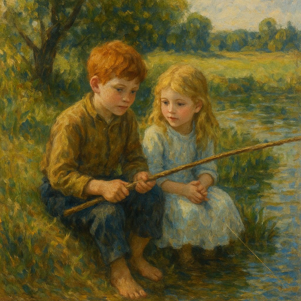 Red-Haired Boy and Blonde Girl Fishing, Oil Painting