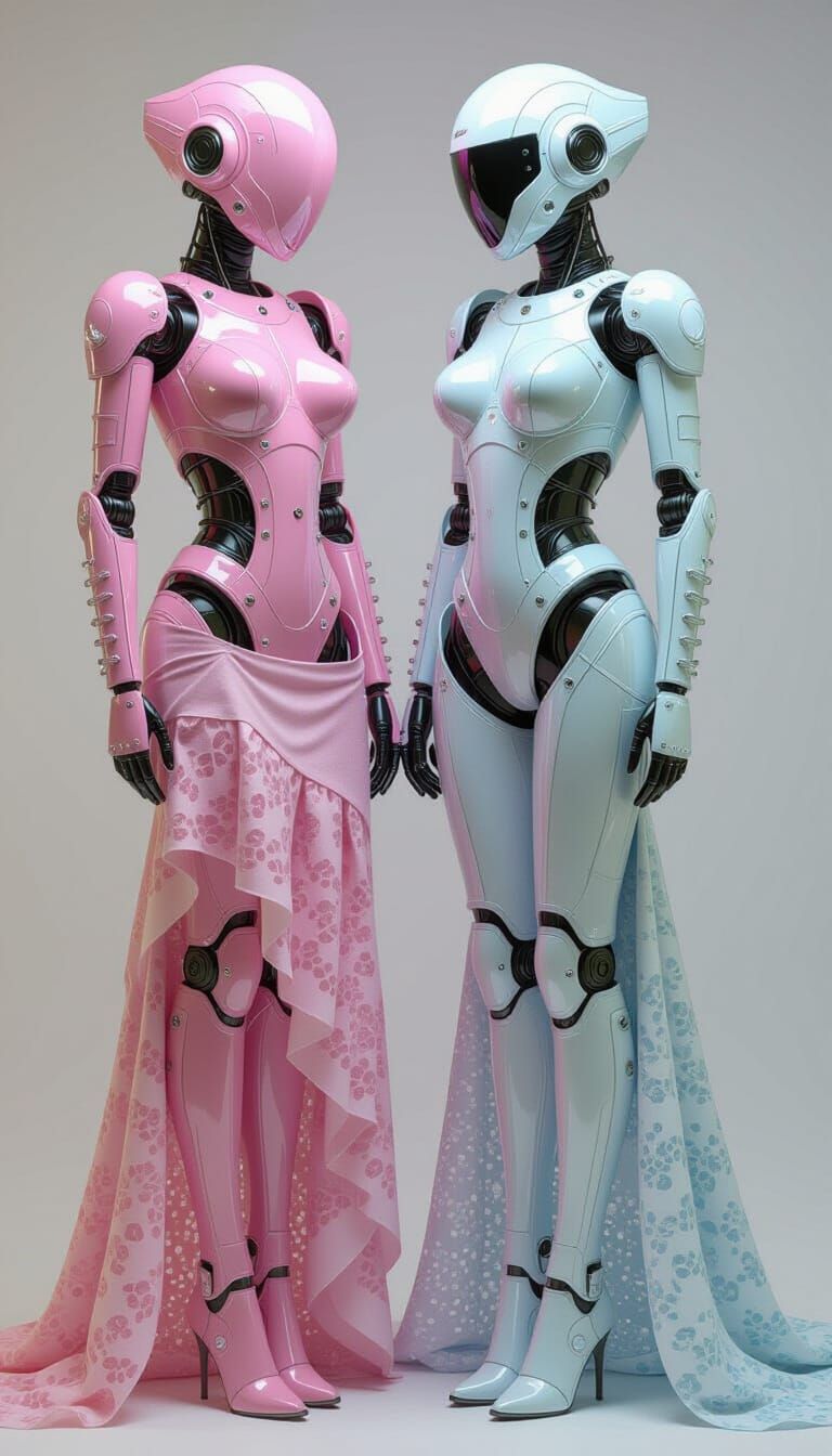 Two Female Robots in Fashion Laces and Mesh Dresses