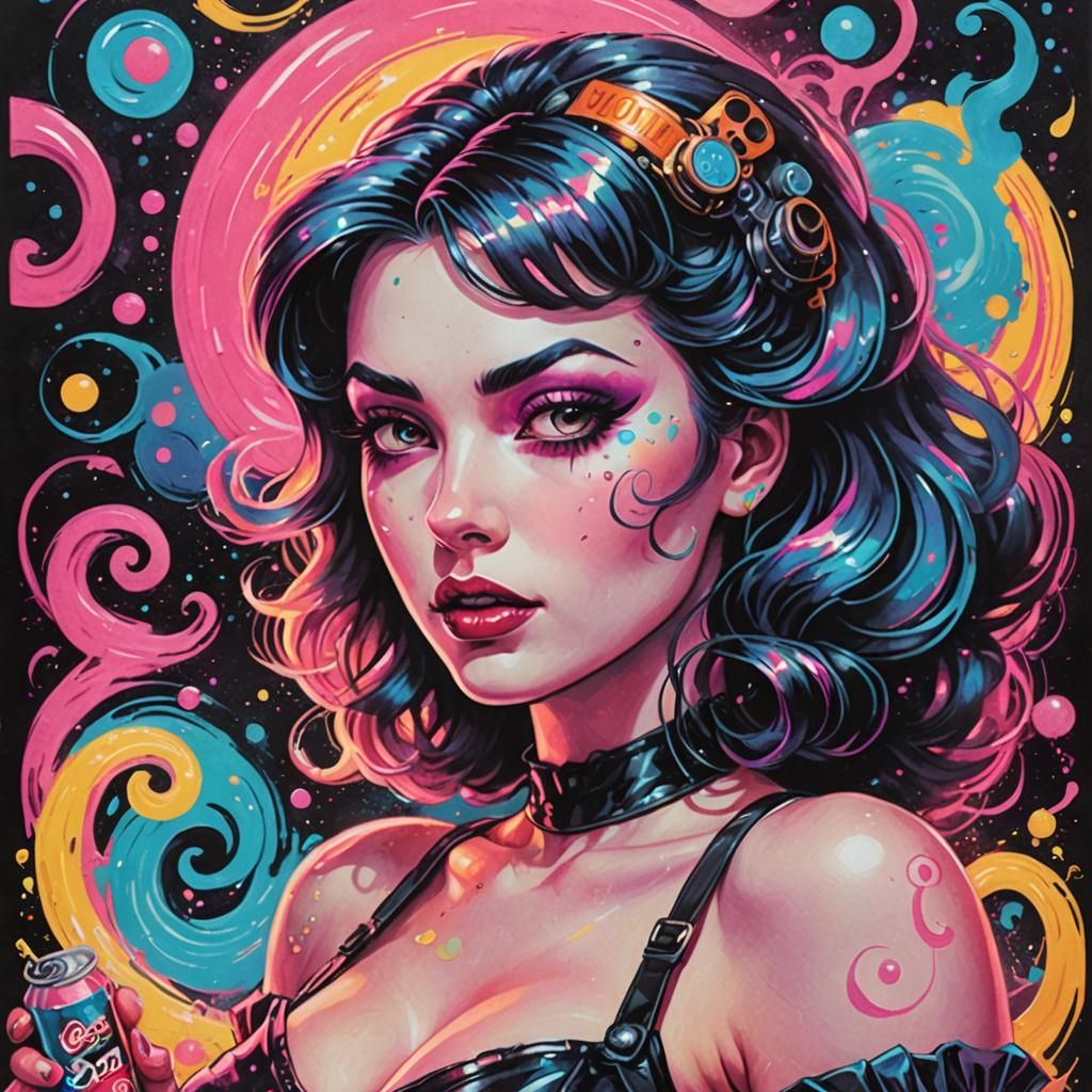 Synthwave Pinup Poster with Neon and Holographic Effects