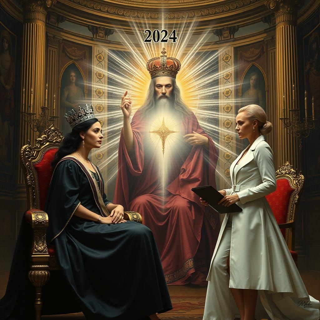 Regal Woman in Throne Room with Radiant Figure and Modern Wo...