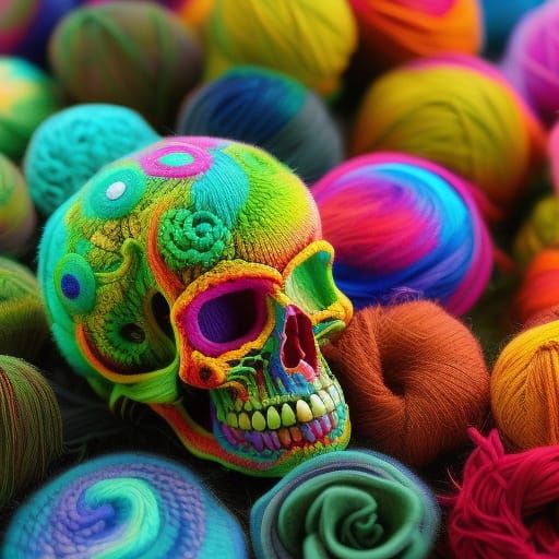Psychedelic Yarn Skull: Intricate and Colorful