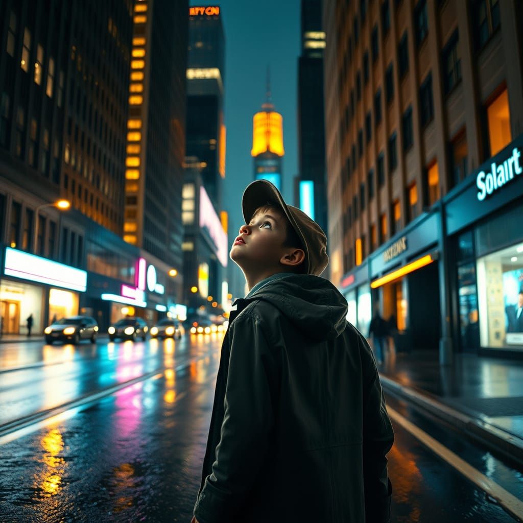 Boy Walks Alone Under Golden City Lights