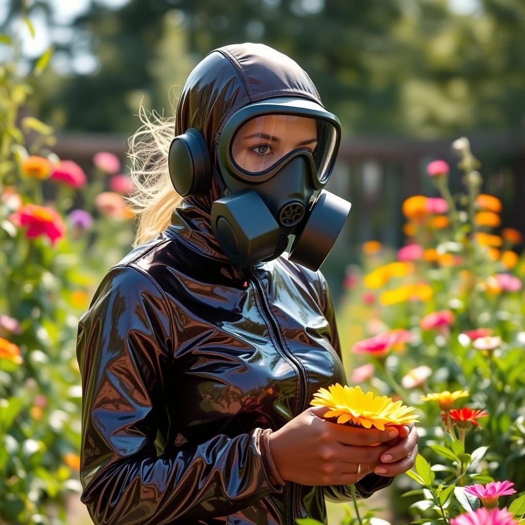 Woman in Gas Mask Tending Sunlit Flower Garden
