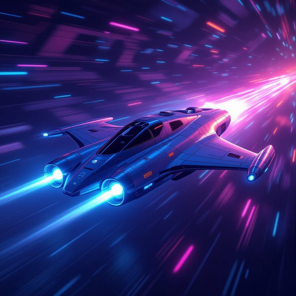 Spaceship Soaring Through a Neon Galaxy