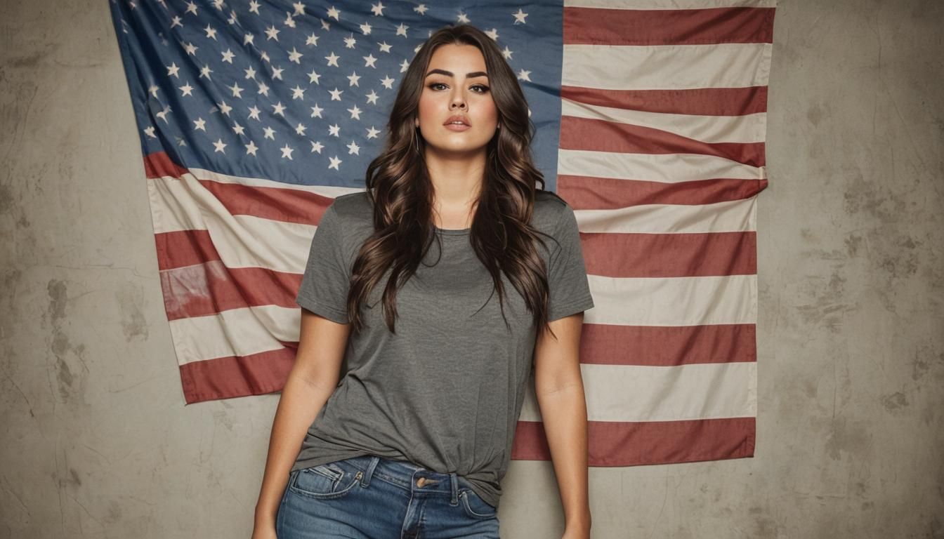 Voluptuous Woman Stands Before American Flag