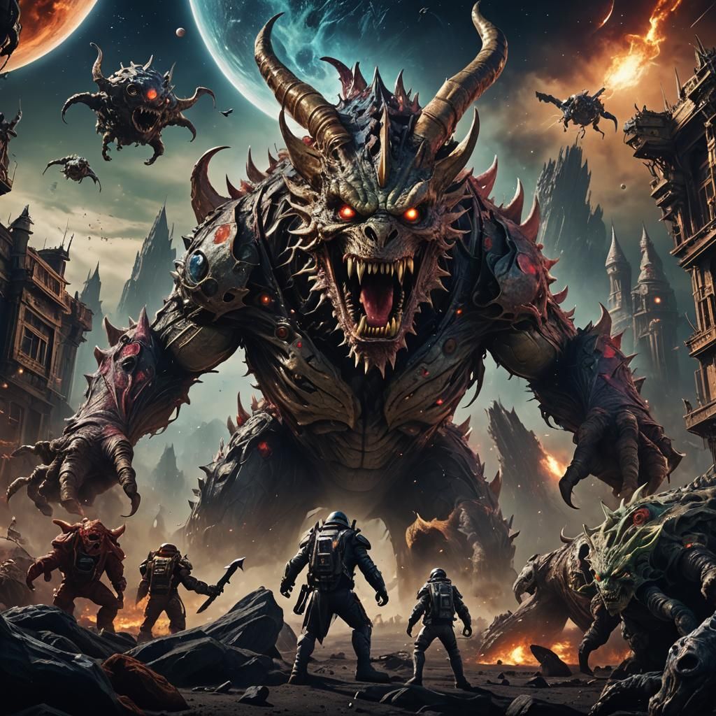 Movie Poster in Space with Scary Monsters