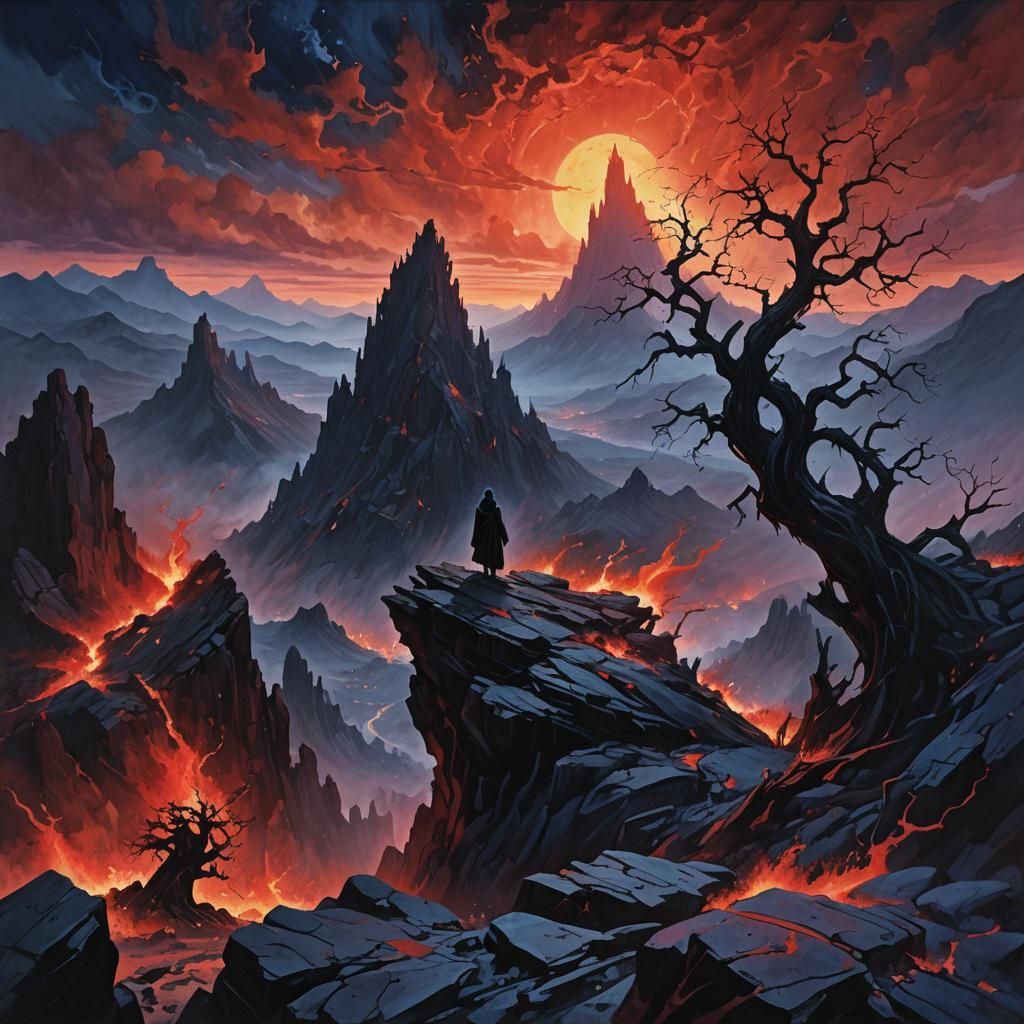 Desolate Hooded Figure in a Nightmarish Landscape