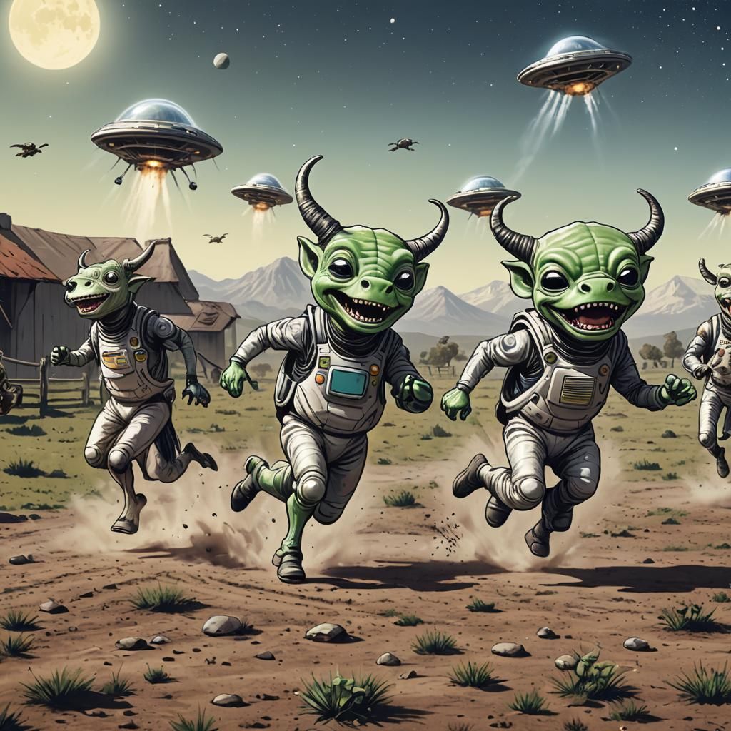 Aliens Laughing While Chasing a Cow Near UFO