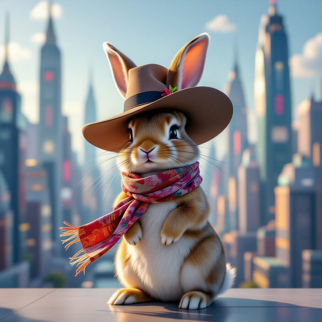 Whimsical Rabbit in Hat and Scarf, Futuristic Cityscape
