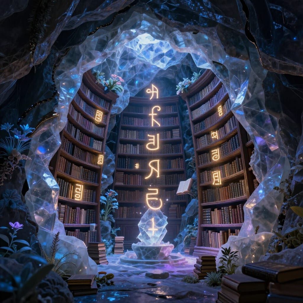 Ancient Geode Library with Floating Books and Magic