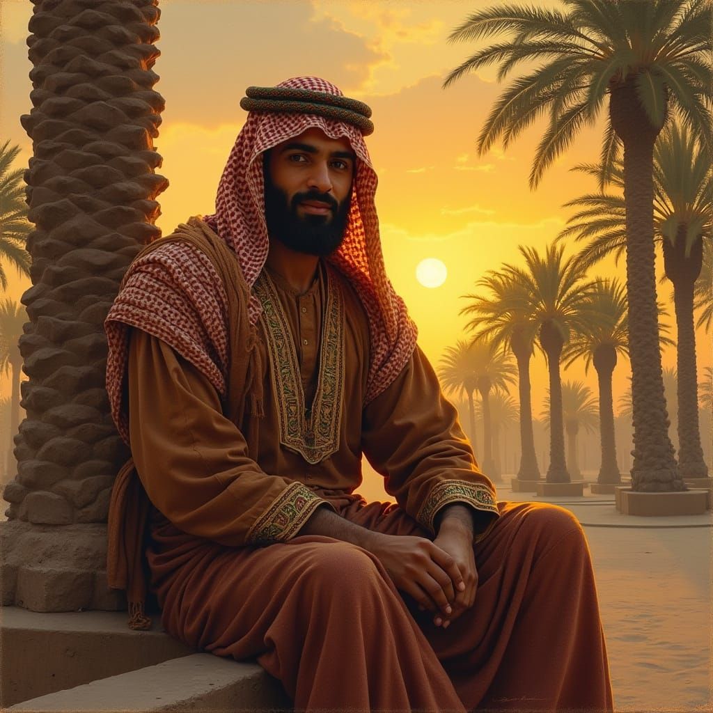 Iraqi Man in Oasis: An Orientalist Oil Painting