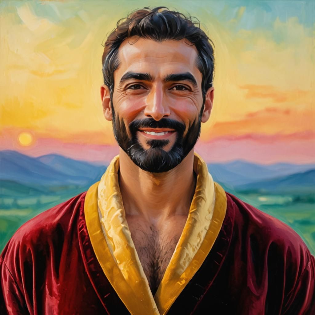 Smiling Man in Red Velvet Robe: Impressionist Oil Painting