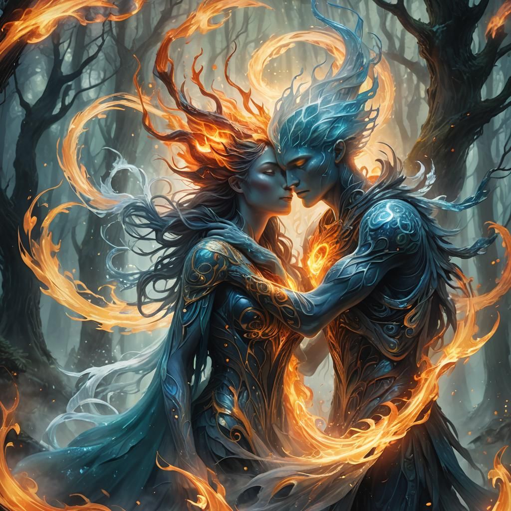 Elemental Spirits Embrace in Mystical Forest