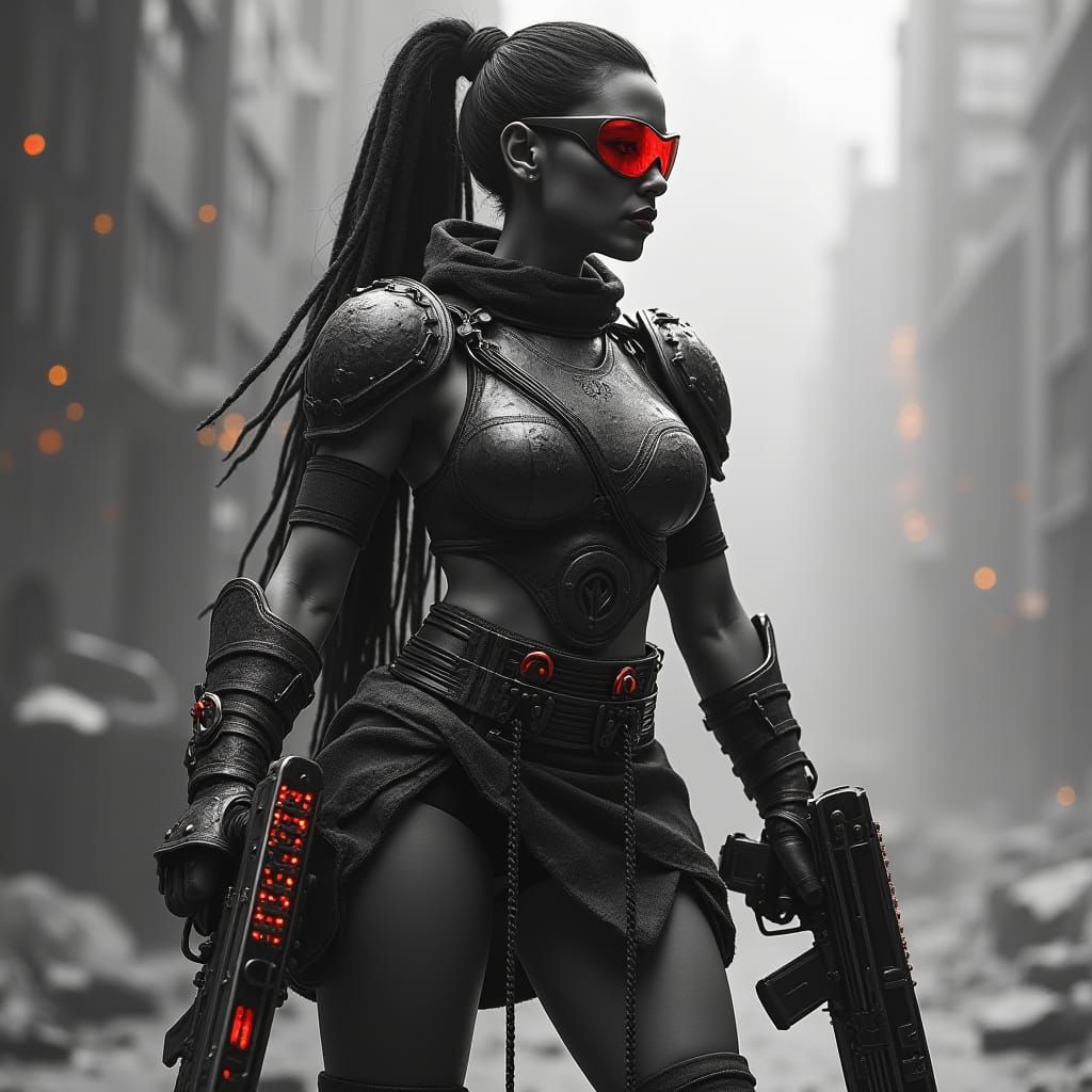 Latina Warrior in High-Contrast Sci-Fi Armor