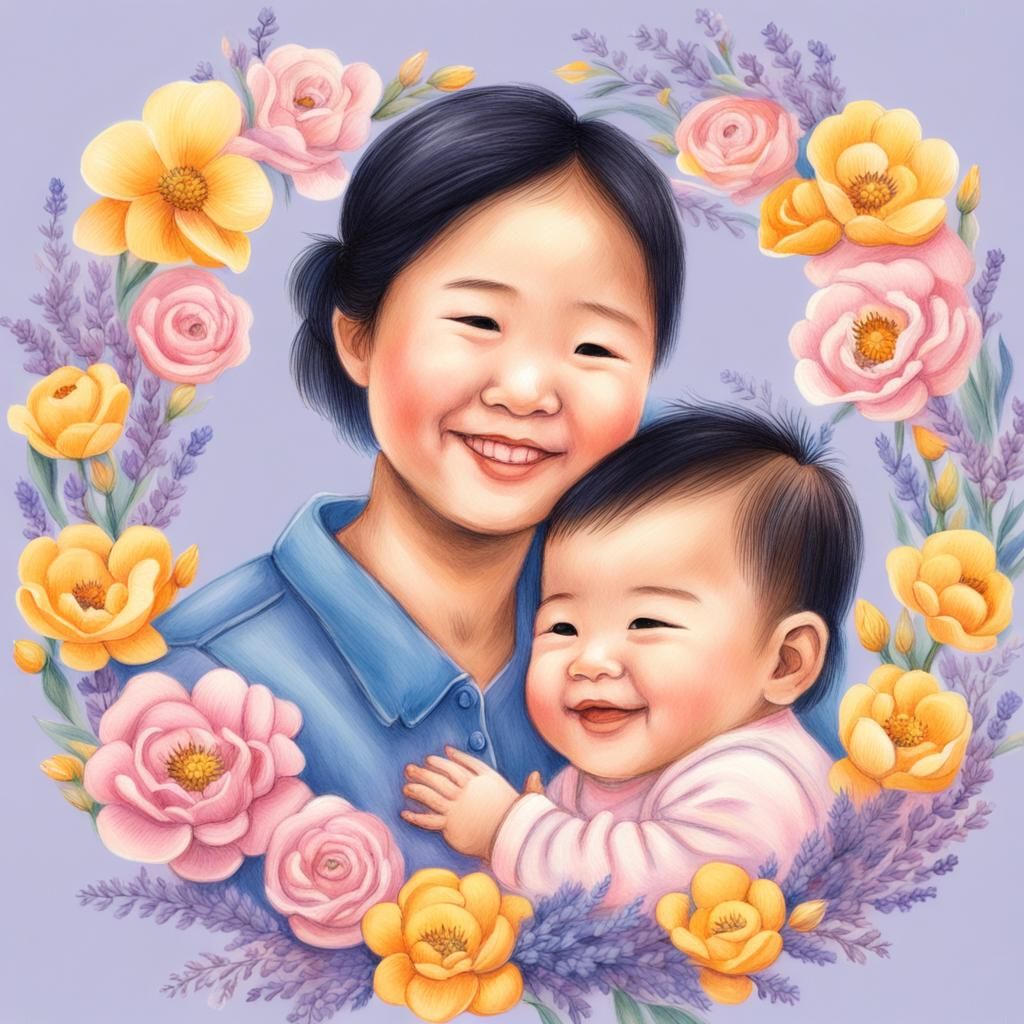 Asian Baby Portrait with Floral Wreath, Romantic Illustratio...