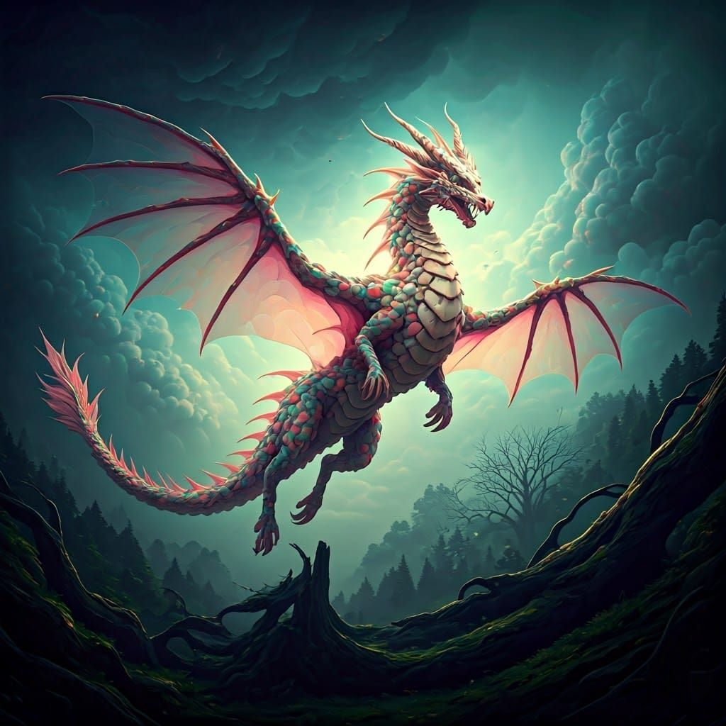 Vibrant Flying Dragon in Iridescent Clouds of Chewing Gum